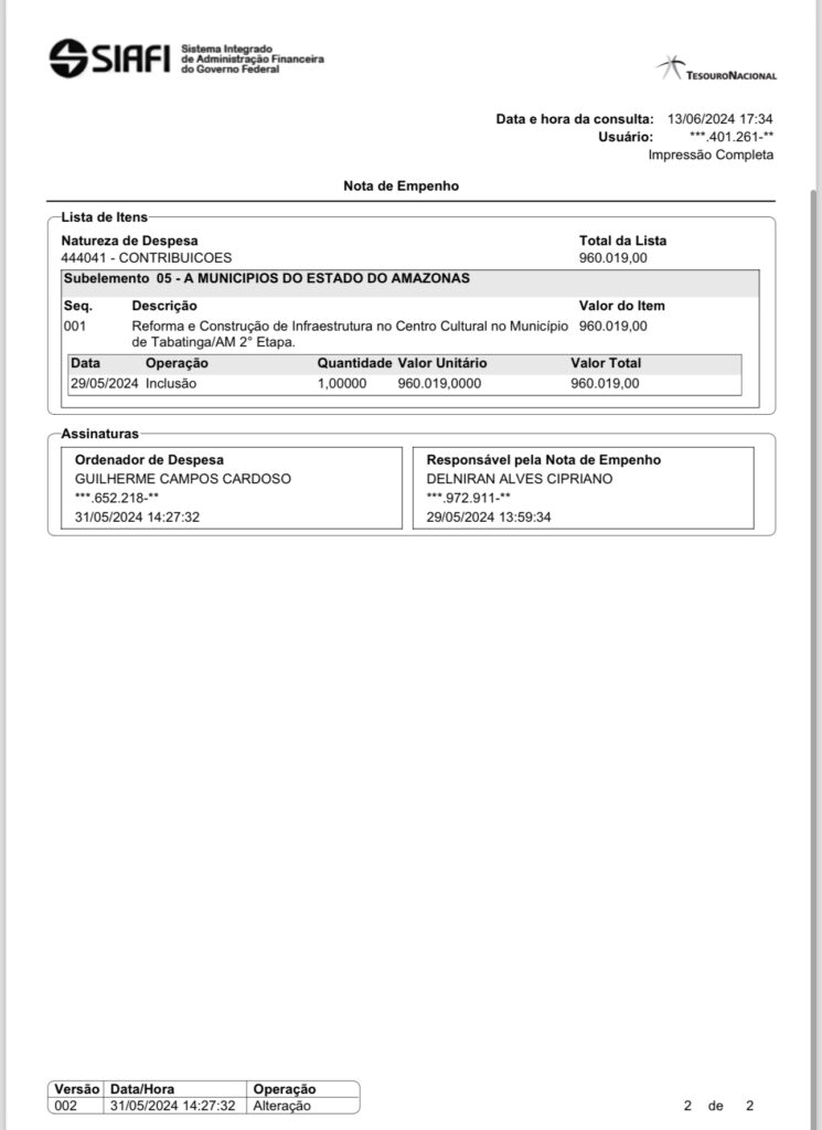 Comprovante que amostra o valor que tabatinga ganhou